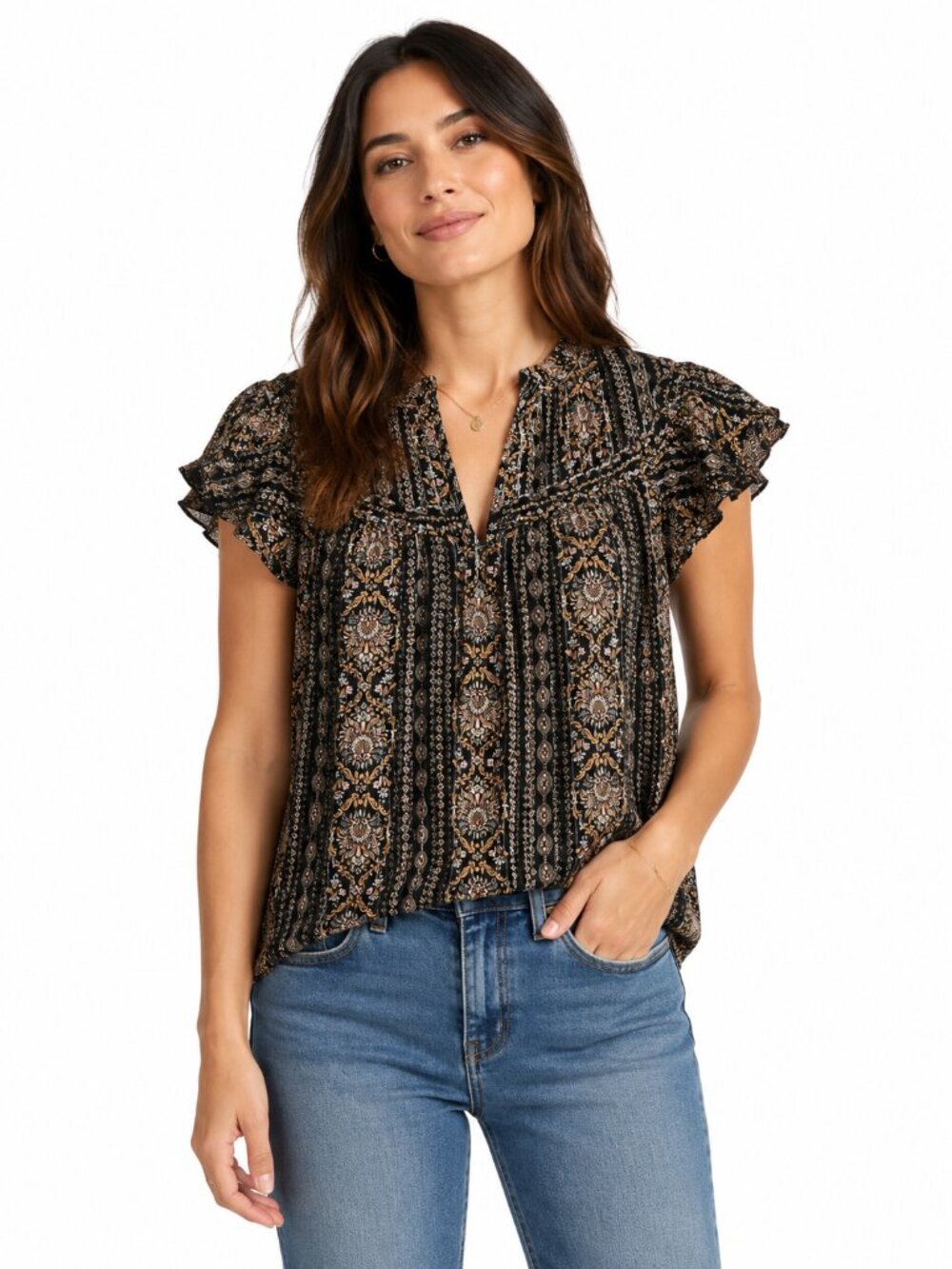 LOFT Ruffle Sleeve Printed Blouse | Size M